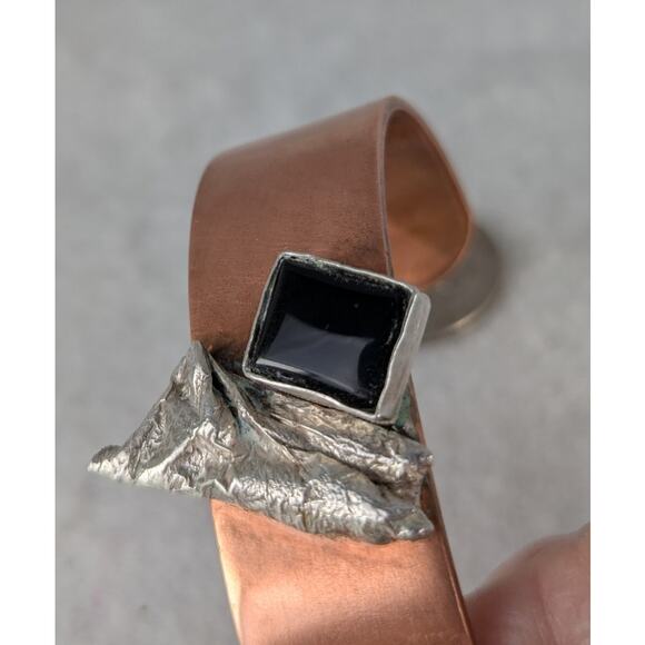 Copper Cuff bracelet Onyx Sterling embellishment OOAKFor 7"wrist NWT Rustic - Picture 1 of 4